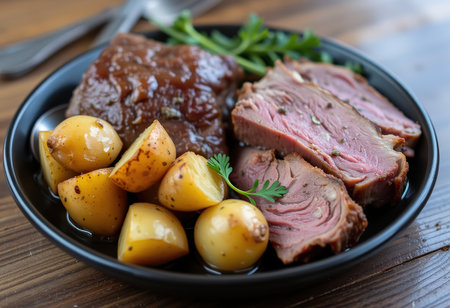 Roast beef with potatoes in black bowl on wooden table, closeupの素材