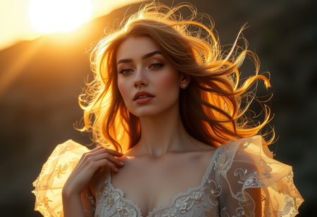 Portrait of a beautiful young woman in a white lace dress on the background of the setting sunの素材