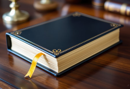 Law book and wooden gavel on table in courtroom or law enforcement officeの素材