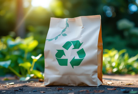 Recycling plastic bag with green recycle symbol on nature background.の素材