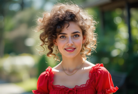 Portrait of a beautiful girl with curly hair in a red dressの素材