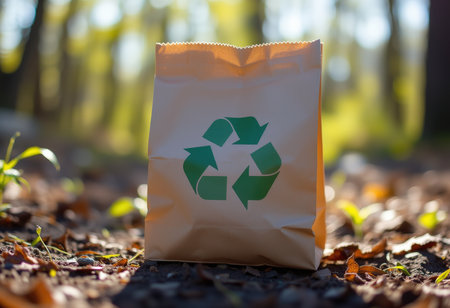 Recycling paper bag on autumn forest background. Recycling concept.の素材