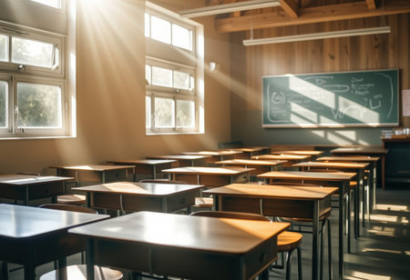 Classroom interior with empty tables and chairs, sunbeams.の素材
