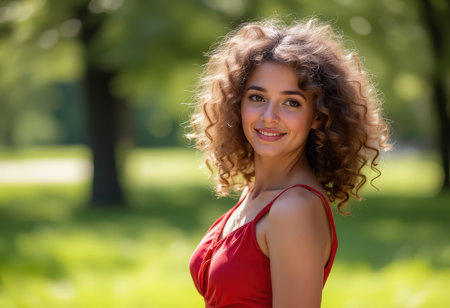 Portrait of beautiful young woman with curly hair in the summer parkの素材