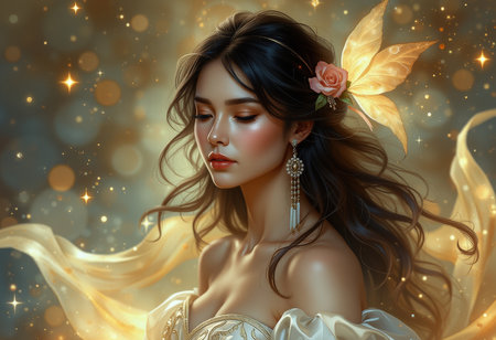Beautiful asian woman with golden butterfly in her hair. 3d renderingの素材