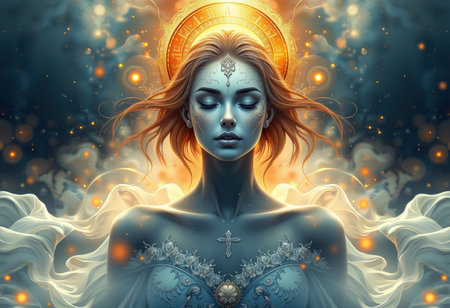 3D illustration of a beautiful woman with fantasy makeup and silver jewelryの素材