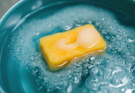 Dishwashing liquid with soap and foam in blue bowl, closeupの素材