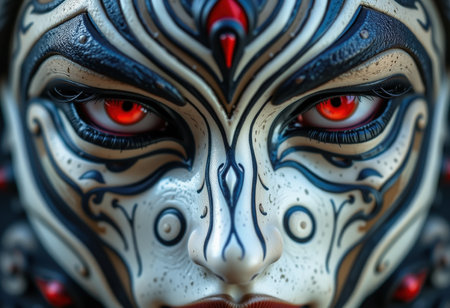 Close-up of the face of an alien with bright red eyesの素材