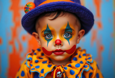 Portrait of a child with clown make-up on colorful backgroundの素材