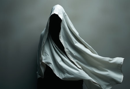 Silhouette of a man in a white cloth on a gray backgroundの素材