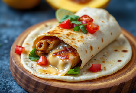 Pancakes stuffed with chicken, cheese and vegetables on a wooden boardの素材