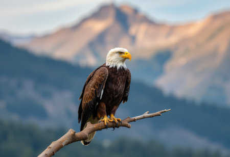 Bald Eagle on a branch with mountains in the background, Canadaの素材