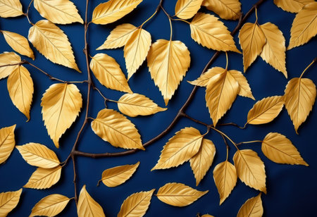 Autumn yellow leaves on a blue background. Flat lay, top view.の素材