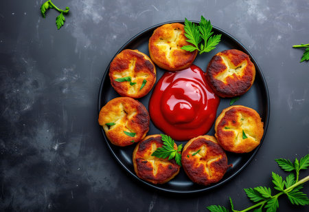 Homemade fried cheese patties with tomato sauce and parsley on a black plate on a dark background, top viewの素材