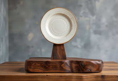 Empty plate on wooden stand on gray wall background. Copy space.の素材