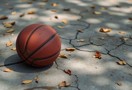 Basketball ball on the ground with fallen leaves. Selective focus.の素材