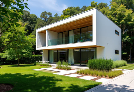 Architecture, modern white house with garden, view from the gardenの素材