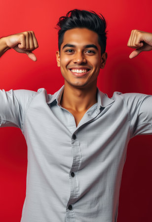 young handsome asian man posing cheerful on red background, lifestyle people conceptの素材