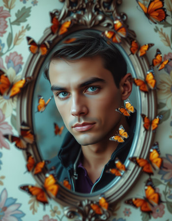 Portrait of a handsome young man with butterfly in a mirror.の素材