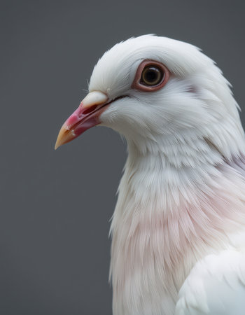 Portrait of a white dove on a gray background, close-upの素材