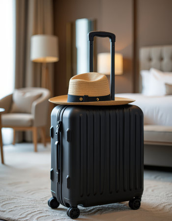 Black suitcase with hat on bed in hotel room. Travel concept.の素材