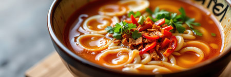 Bowl of delicious hot and spicy instant noodle soup in restaurantの素材