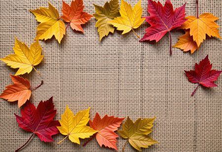 Colorful autumn leaves on burlap background with copy space for textの素材