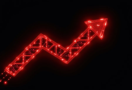 Red neon arrow on black background. 3D rendering. Neon arrow.の素材