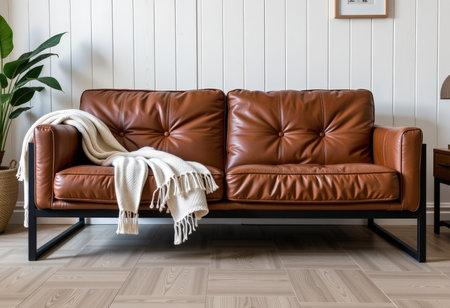 brown leather sofa in living room with pillows and plaidsの素材