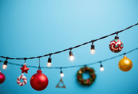 Christmas lights and decoration on blue background. Christmas and New Year concept.の素材