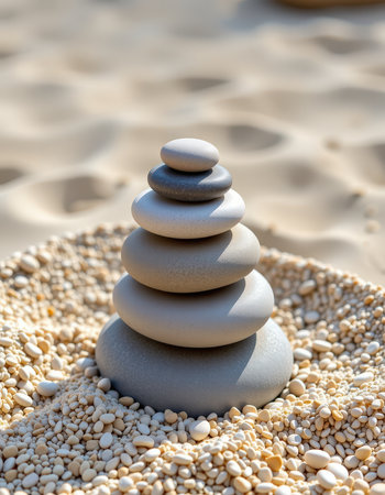 Stack of zen stones on the beach sand. Zen concept.の素材