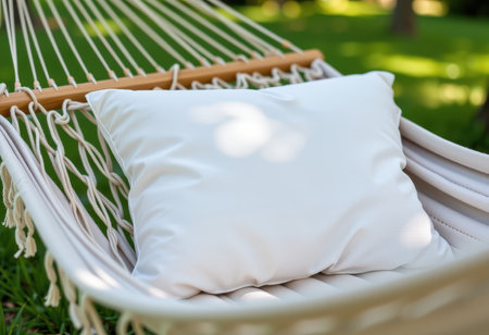 Comfortable hammock with pillow on green grass in garden, closeupの素材