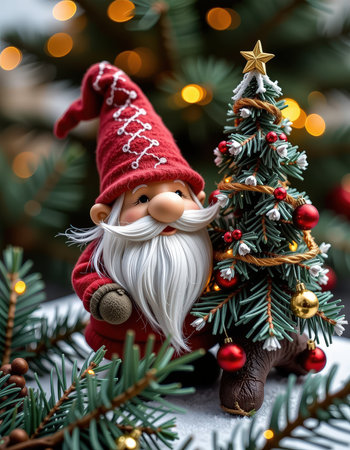Christmas decoration with Santa Claus and Christmas tree on bokeh backgroundの素材