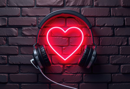 Neon headphones and red heart on brick wall background. Love music concept.の素材