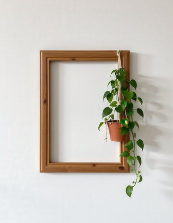 Wooden frame hanging on a white wall with a plant in a potの素材