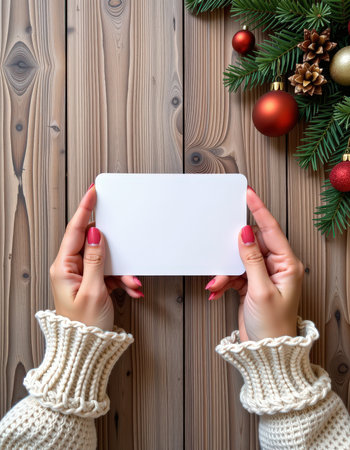 Female hands holding white card with christmas decoration on wooden background.の素材