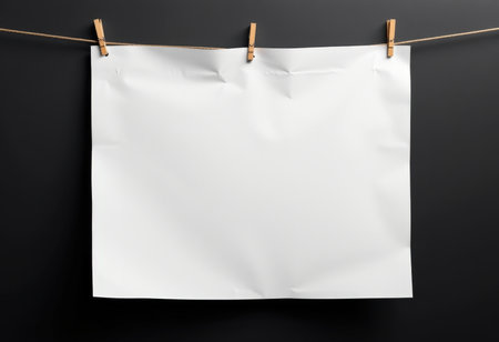 Blank white paper sheet hanging on a clothesline with clothespinsの素材