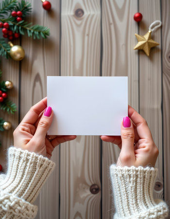 Female hands in white sweater hold a white sheet of paper on the background of the Christmas tree.の素材