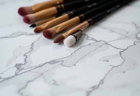 Makeup brushes on a white marble background. Close-up.の素材