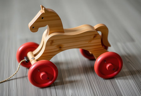 Wooden toy horse on a wooden background. Toy for children.の素材