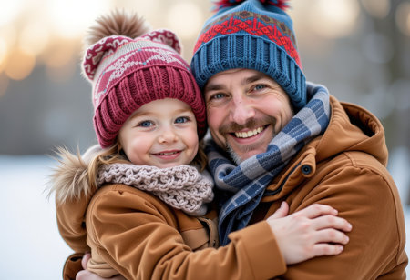 Portrait of happy father and his little daughter in winter clothes outdoorsの素材