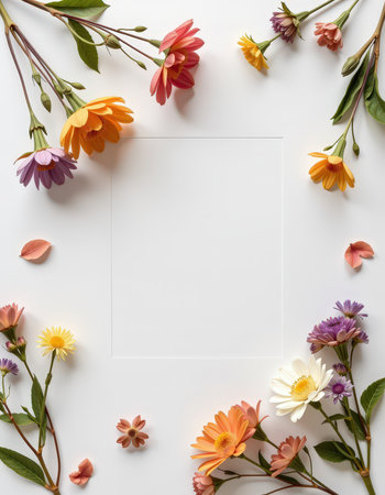 Flowers composition. Frame made of flowers on white background. Flat lay, top view, copy spaceの素材