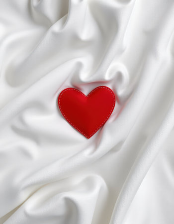 Red heart on white satin background. Valentine's day concept.の素材