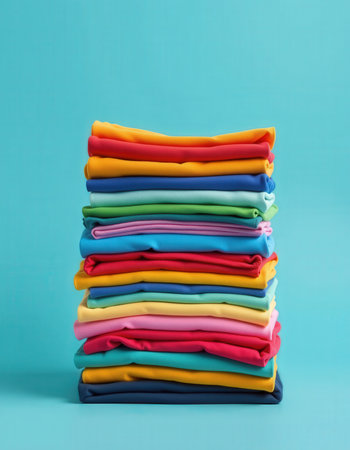 Stack of multicolored clothes on blue background with copy space.の素材