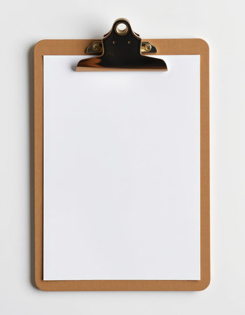 Clipboard with blank sheet of paper isolated on white background.の素材