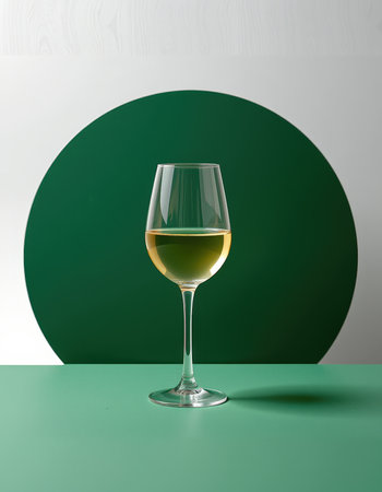 Glass of white wine on a green background. 3d rendering.の素材