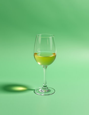 Glass of white wine on a green background. 3d rendering.の素材