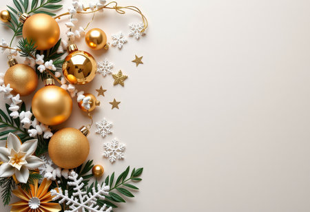 Christmas decoration on white background. Flat lay, top view, copy space.の素材