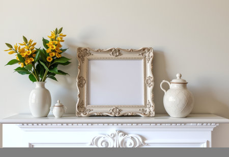 Vintage photo frame and vase with flowers on the mantelpieceの素材