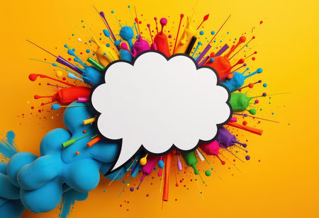 Blank speech bubble with colorful balloons on yellow background. 3d illustrationの素材